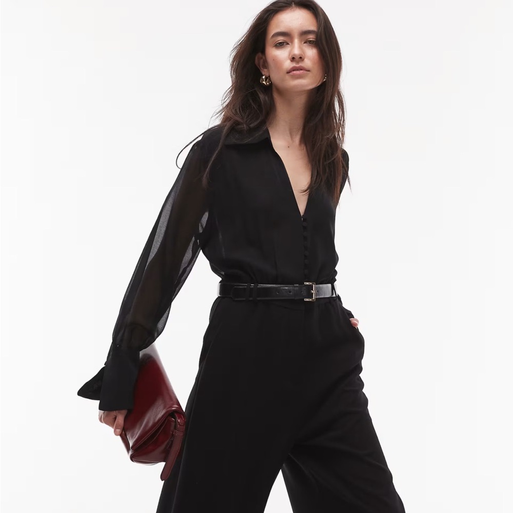 Mango belted long sleeve jumpsuit in black, Sz XL, New, crepe/chiffon - Picture 2 of 10